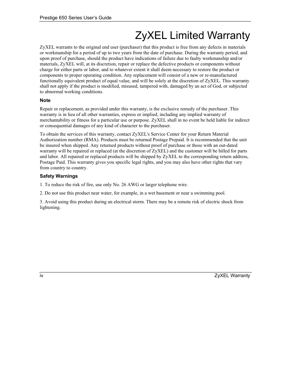 Zyxel limited warranty | ZyXEL Communications 650 Series User Manual | Page 4 / 513
