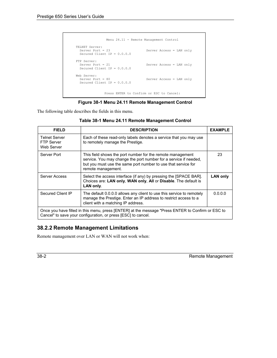 2 remote management limitations | ZyXEL Communications 650 Series User Manual | Page 408 / 513