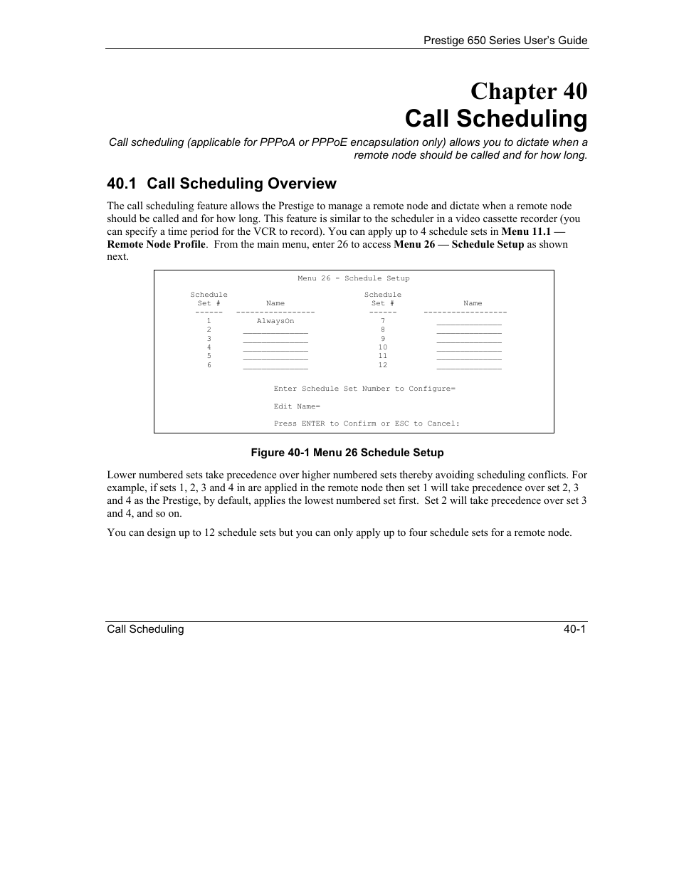 Call scheduling, Call scheduling overview, Chapter 40 call scheduling | 1 call scheduling overview | ZyXEL Communications 650 Series User Manual | Page 421 / 513