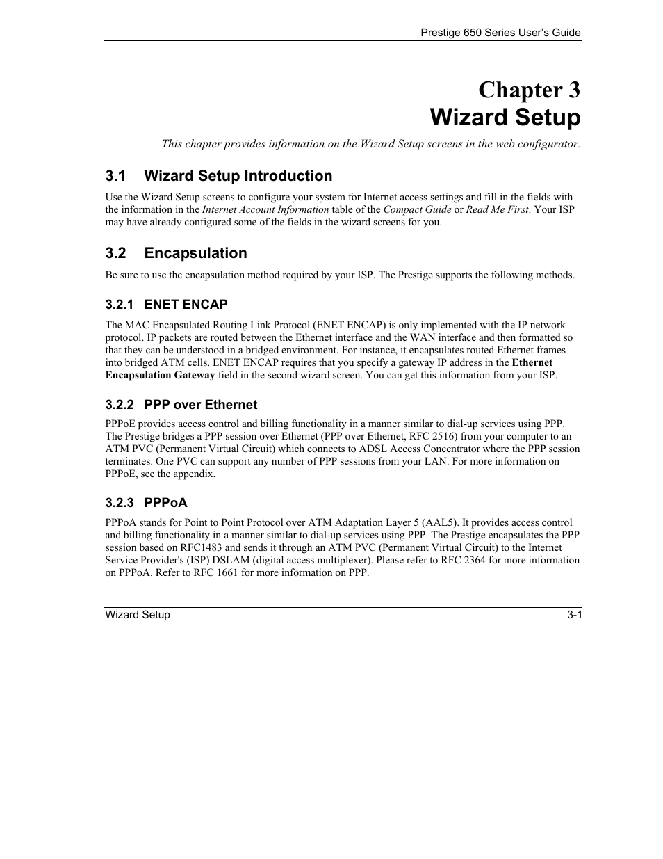 Wizard setup, Wizard setup introduction, Encapsulation | Chapter 3 wizard setup | ZyXEL Communications 650 Series User Manual | Page 45 / 513