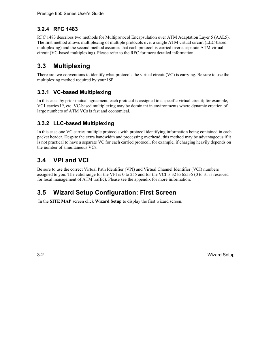 Multiplexing, Vpi and vci, Wizard setup configuration: first screen | 3 multiplexing, 4 vpi and vci, 5 wizard setup configuration: first screen | ZyXEL Communications 650 Series User Manual | Page 46 / 513