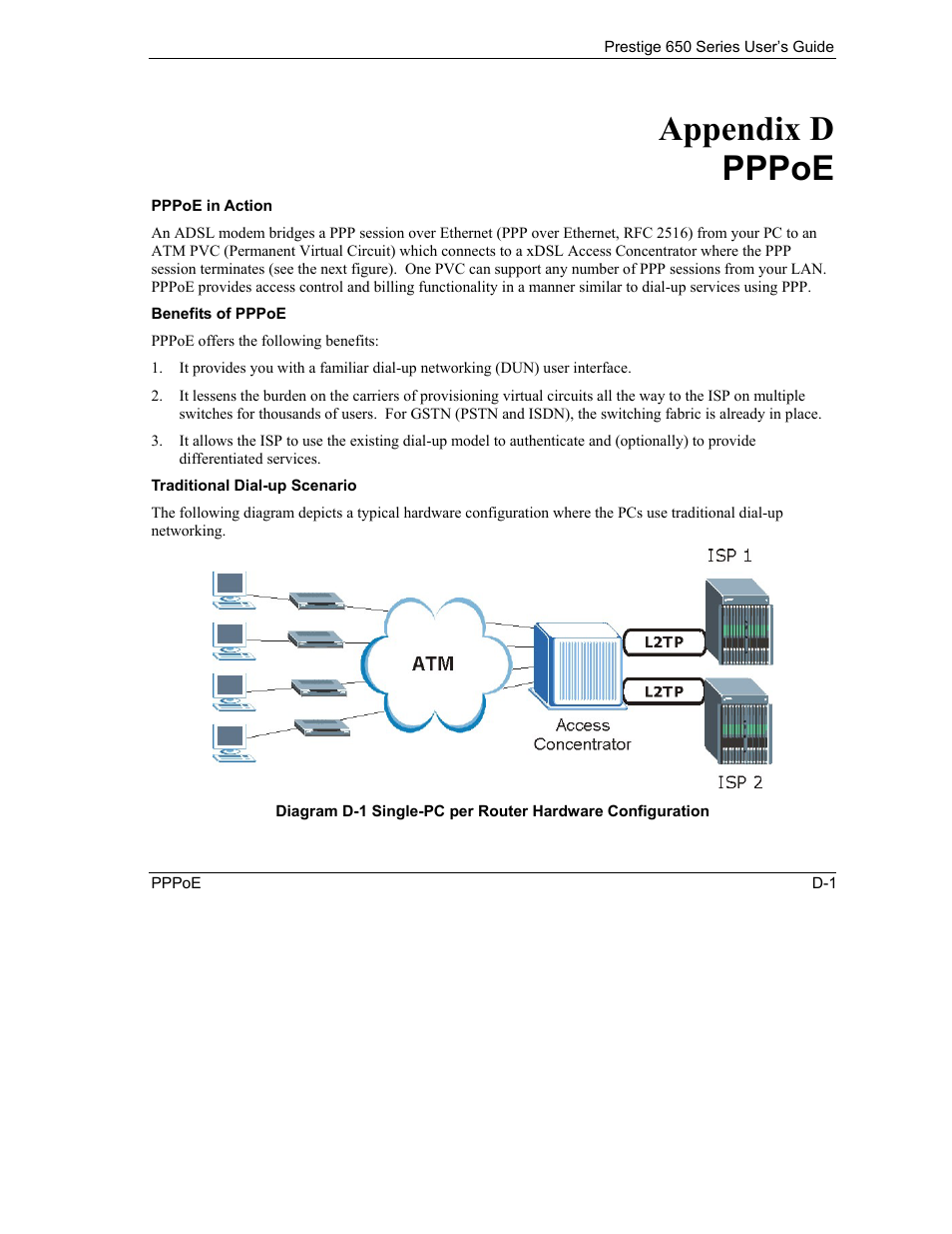 Pppoe, Pppoe in action, Benefits of pppoe | Traditional dial-up scenario, Appendix d pppoe | ZyXEL Communications 650 Series User Manual | Page 473 / 513