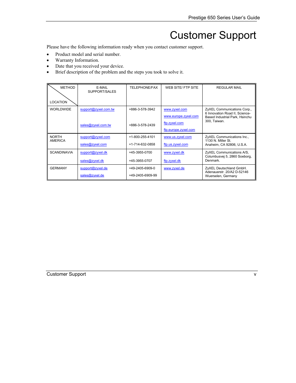 Customer support | ZyXEL Communications 650 Series User Manual | Page 5 / 513