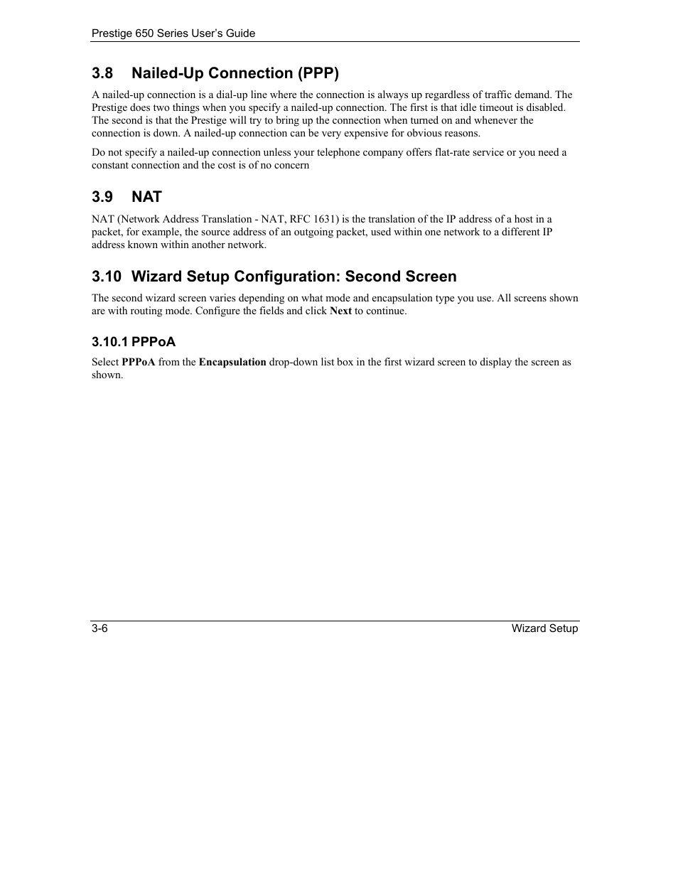Nailed-up connection (ppp), Wizard setup configuration: second screen, 8 nailed-up connection (ppp) | 9 nat, 10 wizard setup configuration: second screen | ZyXEL Communications 650 Series User Manual | Page 50 / 513