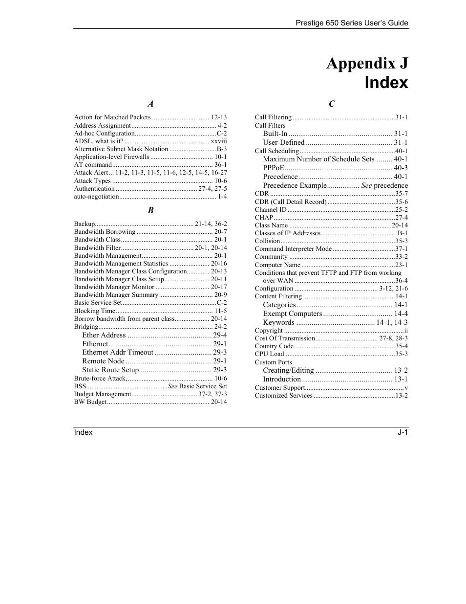 Index, Appendix j index | ZyXEL Communications 650 Series User Manual | Page 507 / 513