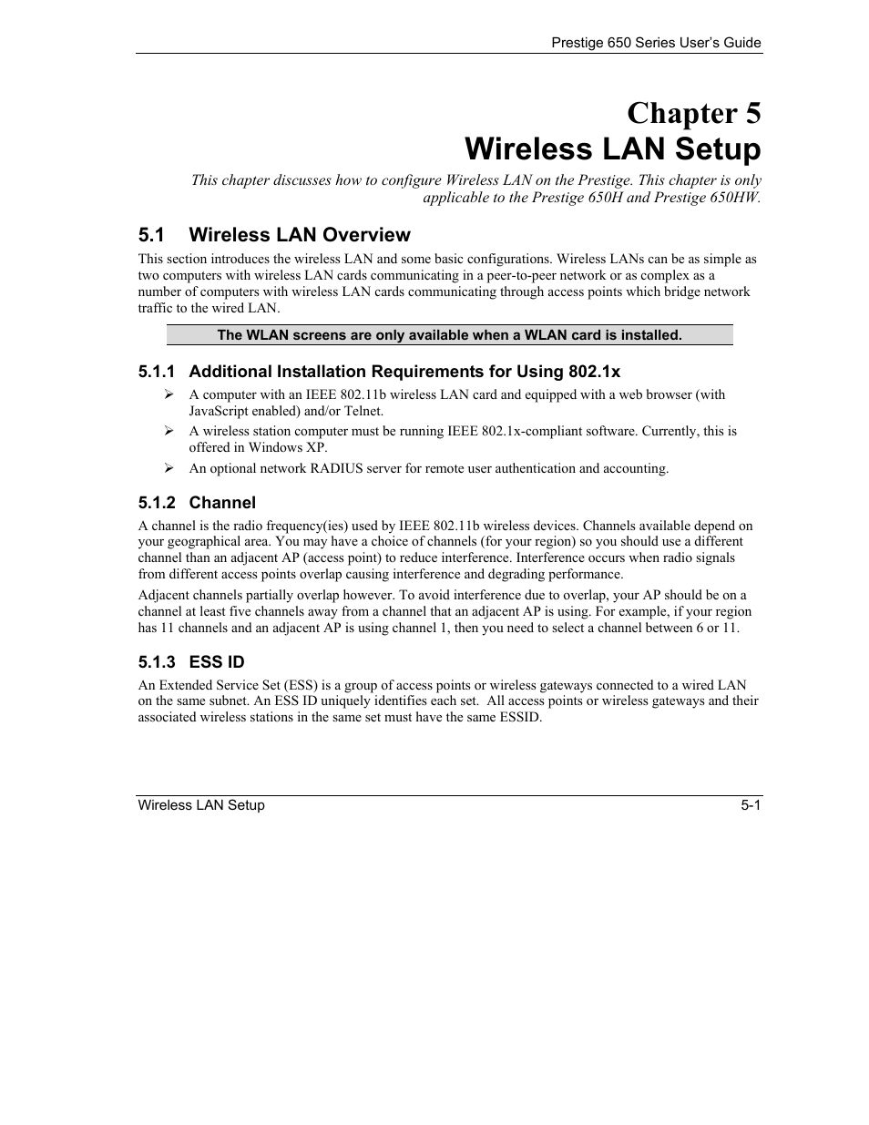 Wireless lan setup, Wireless lan overview, Chapter 5 wireless lan setup | ZyXEL Communications 650 Series User Manual | Page 69 / 513