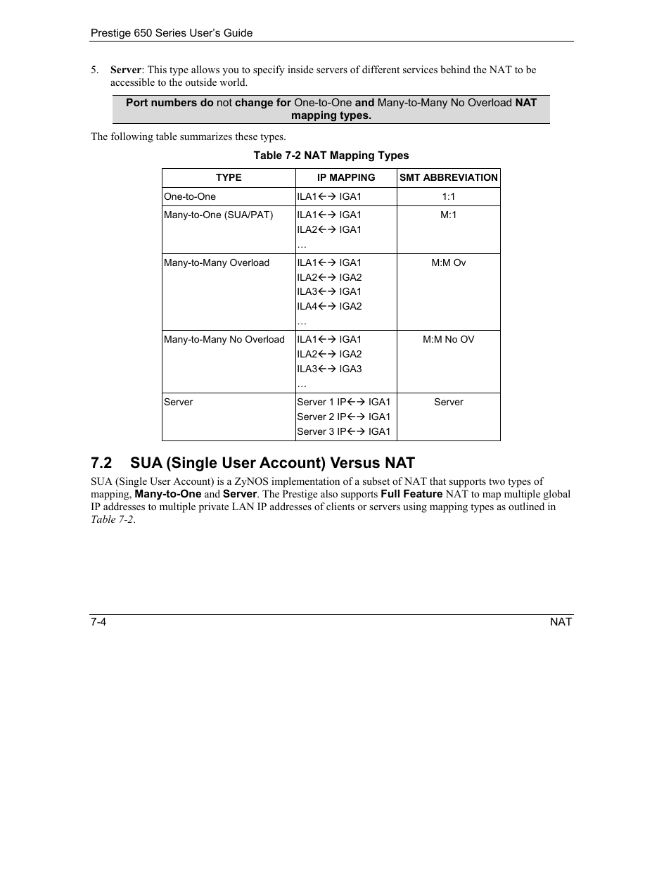 Sua (single user account) versus nat, 2 sua (single user account) versus nat | ZyXEL Communications 650 Series User Manual | Page 98 / 513