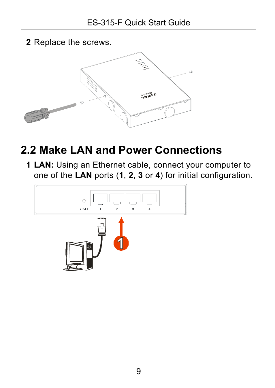 2 make lan and power connections | ZyXEL Communications ZyXEL Dimension ES-315-F User Manual | Page 10 / 25
