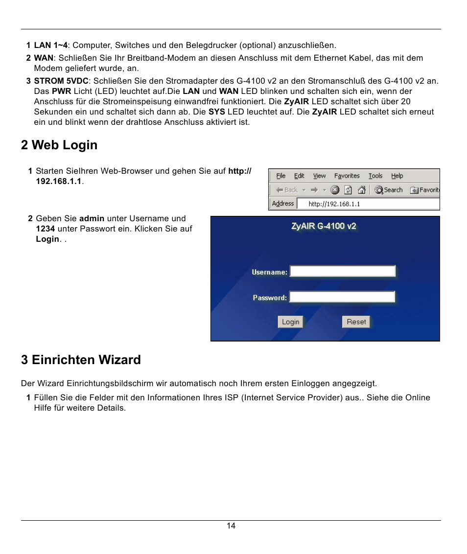 2 web login, 3 einrichten wizard, 2 web login 3 einrichten wizard | ZyXEL Communications G-4100 User Manual | Page 14 / 93