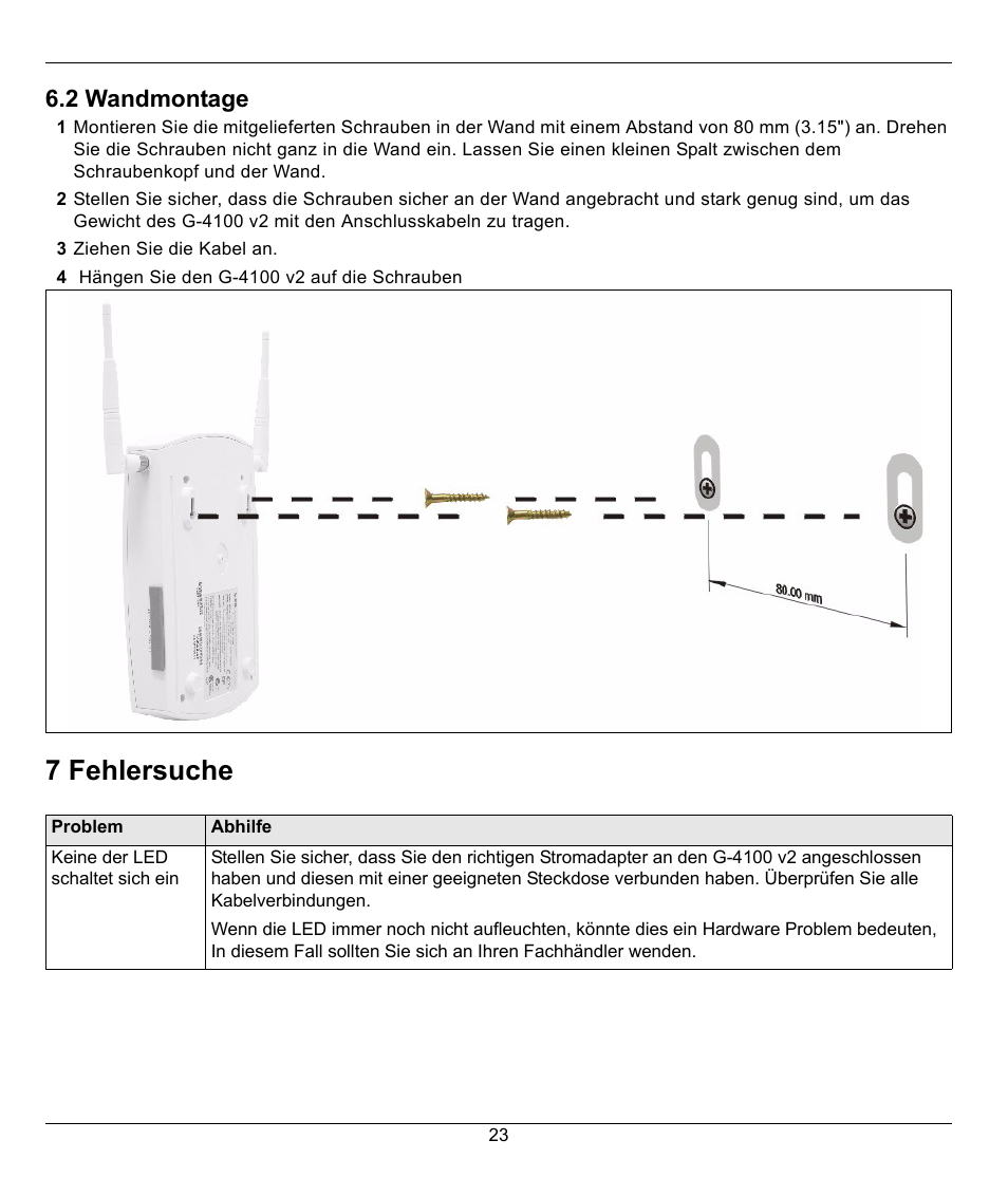 7 fehlersuche, 2 wandmontage | ZyXEL Communications G-4100 User Manual | Page 23 / 93