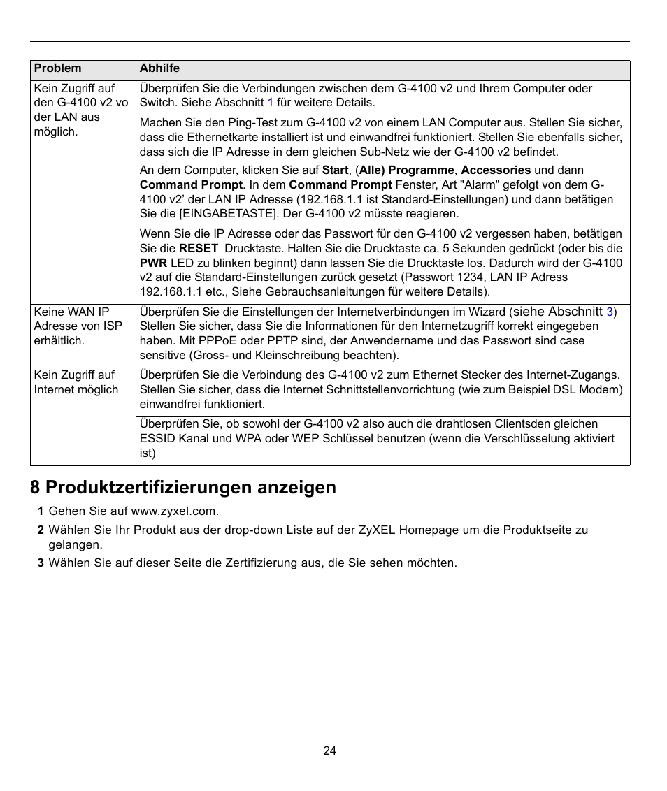 8 produktzertifizierungen anzeigen | ZyXEL Communications G-4100 User Manual | Page 24 / 93