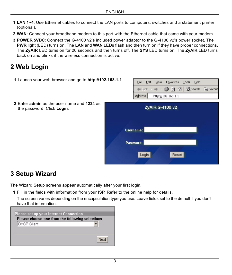 2 web login, 3 setup wizard, 2 web login 3 setup wizard | ZyXEL Communications G-4100 User Manual | Page 3 / 93