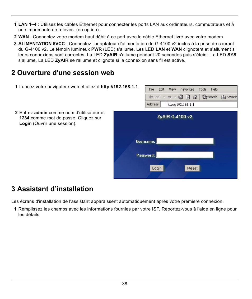 2 ouverture d'une session web, 3 assistant d’installation | ZyXEL Communications G-4100 User Manual | Page 38 / 93