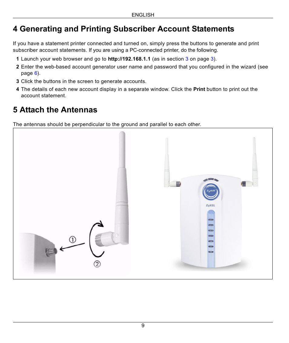 5 attach the antennas | ZyXEL Communications G-4100 User Manual | Page 9 / 93
