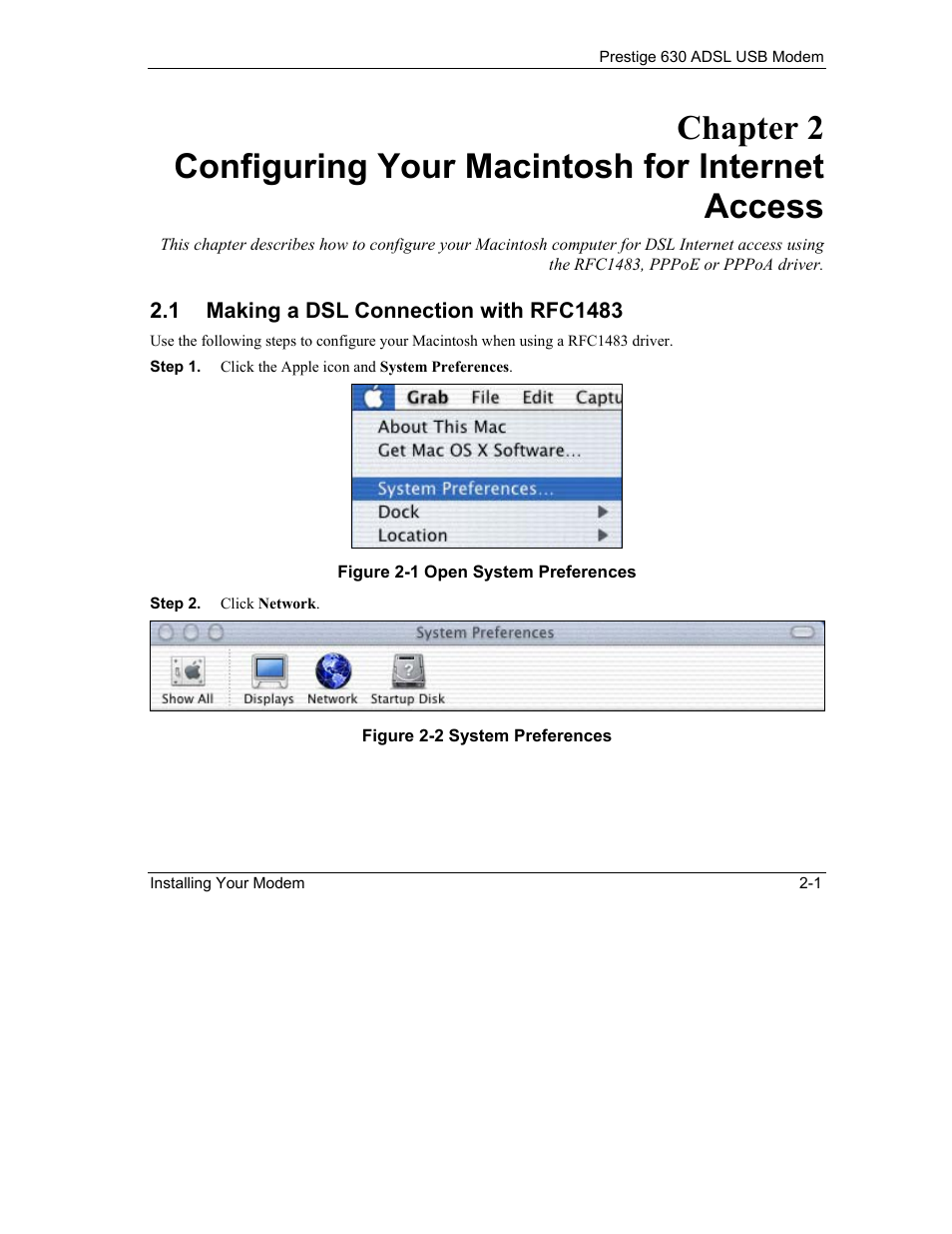 Configuring your macintosh for internet access, Making a dsl connection with rfc1483 | ZyXEL Communications Prestige 630 User Manual | Page 23 / 48