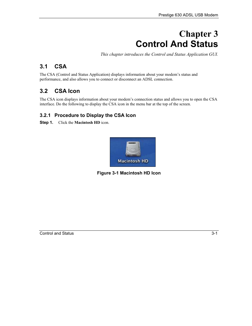 Control and status, Csa icon, Chapter 3 control and status | ZyXEL Communications Prestige 630 User Manual | Page 33 / 48