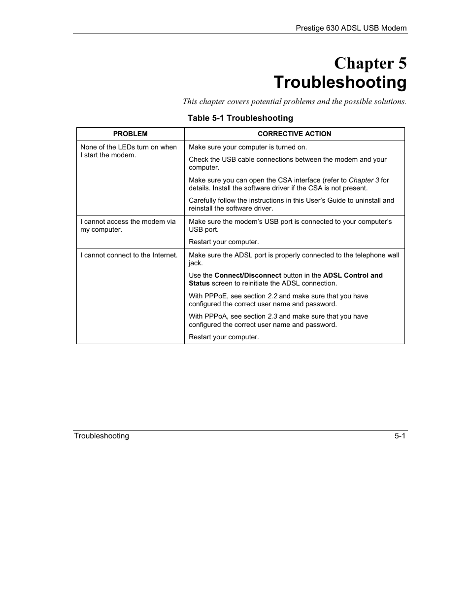 Troubleshooting, Chapter 5 troubleshooting | ZyXEL Communications Prestige 630 User Manual | Page 43 / 48