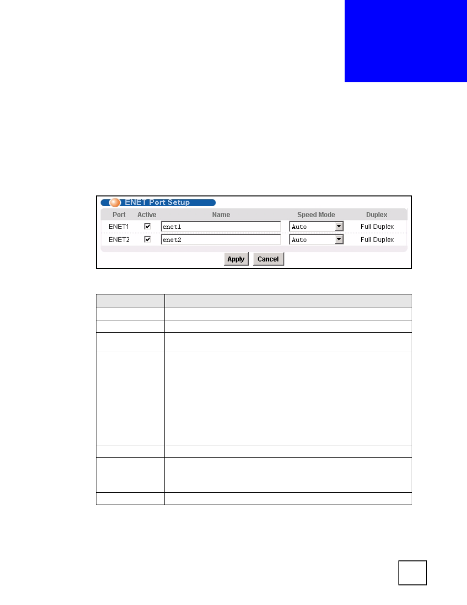 Enet port setup, Chapter 12 enet port setup, Figure 45 enet port setup | Table 17 enet port setup, Enet port setup (105) | ZyXEL Communications IES-612-51A User Manual | Page 105 / 444