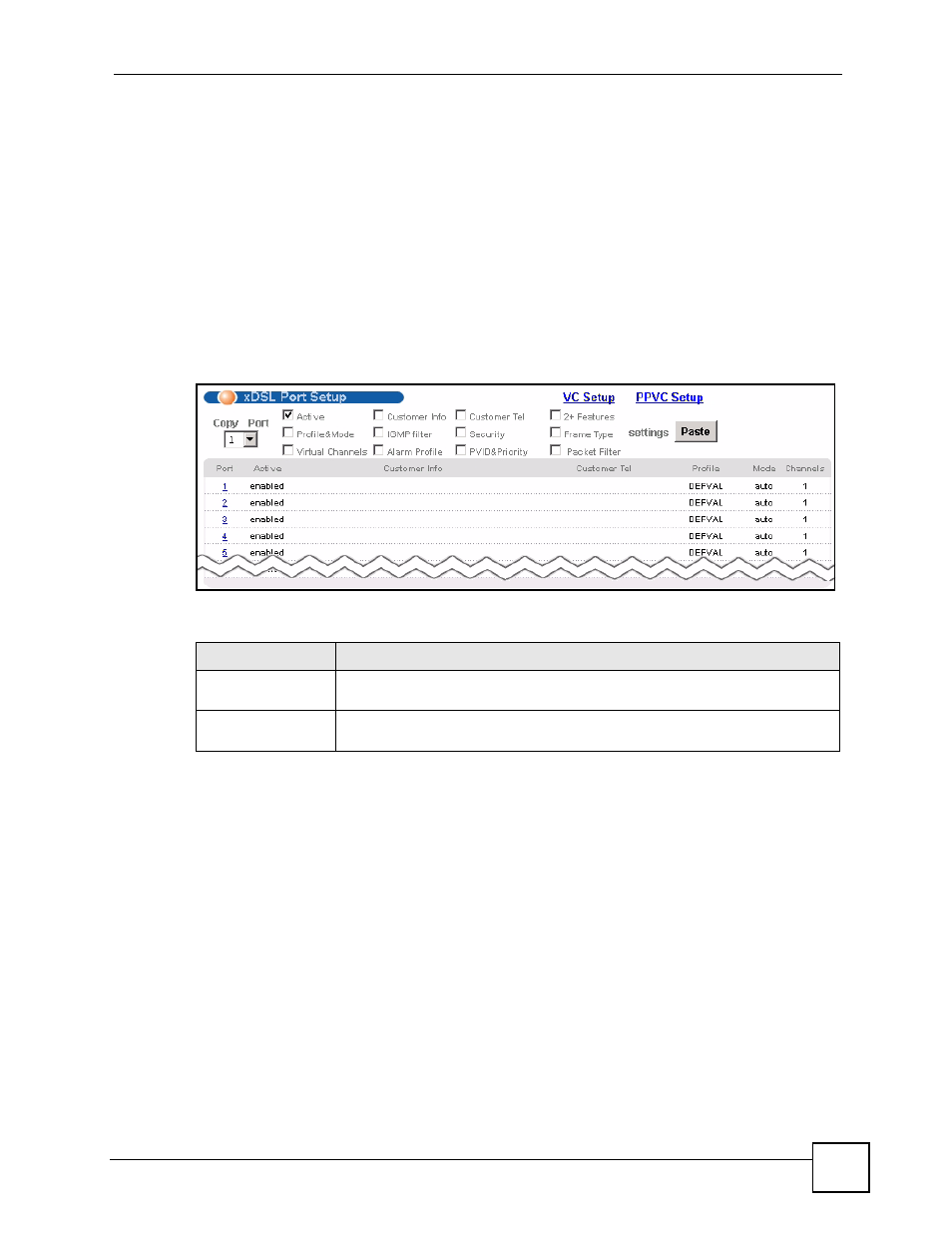 6 default settings, 7 xdsl port setup screen, Figure 46 xdsl port setup | Table 19 xdsl port setup | ZyXEL Communications IES-612-51A User Manual | Page 109 / 444