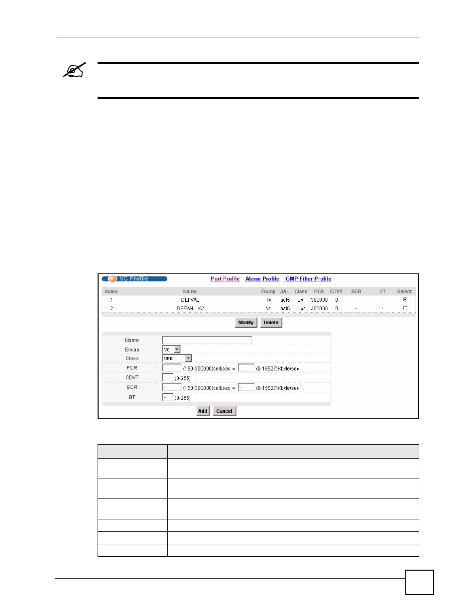 5 vc profile screen, Figure 58 vc profile, Table 26 vc profile | ZyXEL Communications IES-612-51A User Manual | Page 131 / 444
