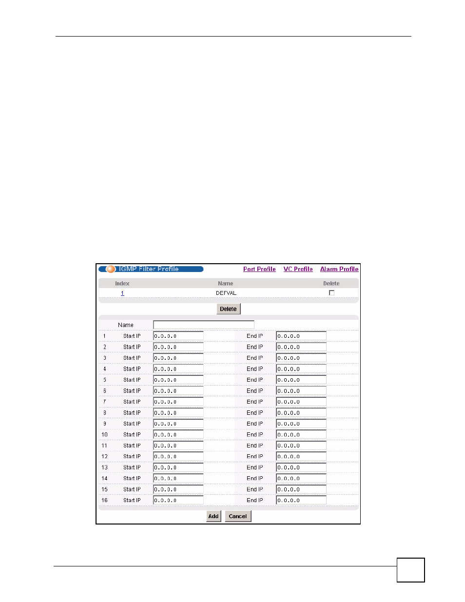 8 igmp filter profile screen, Figure 60 igmp filter profile | ZyXEL Communications IES-612-51A User Manual | Page 135 / 444