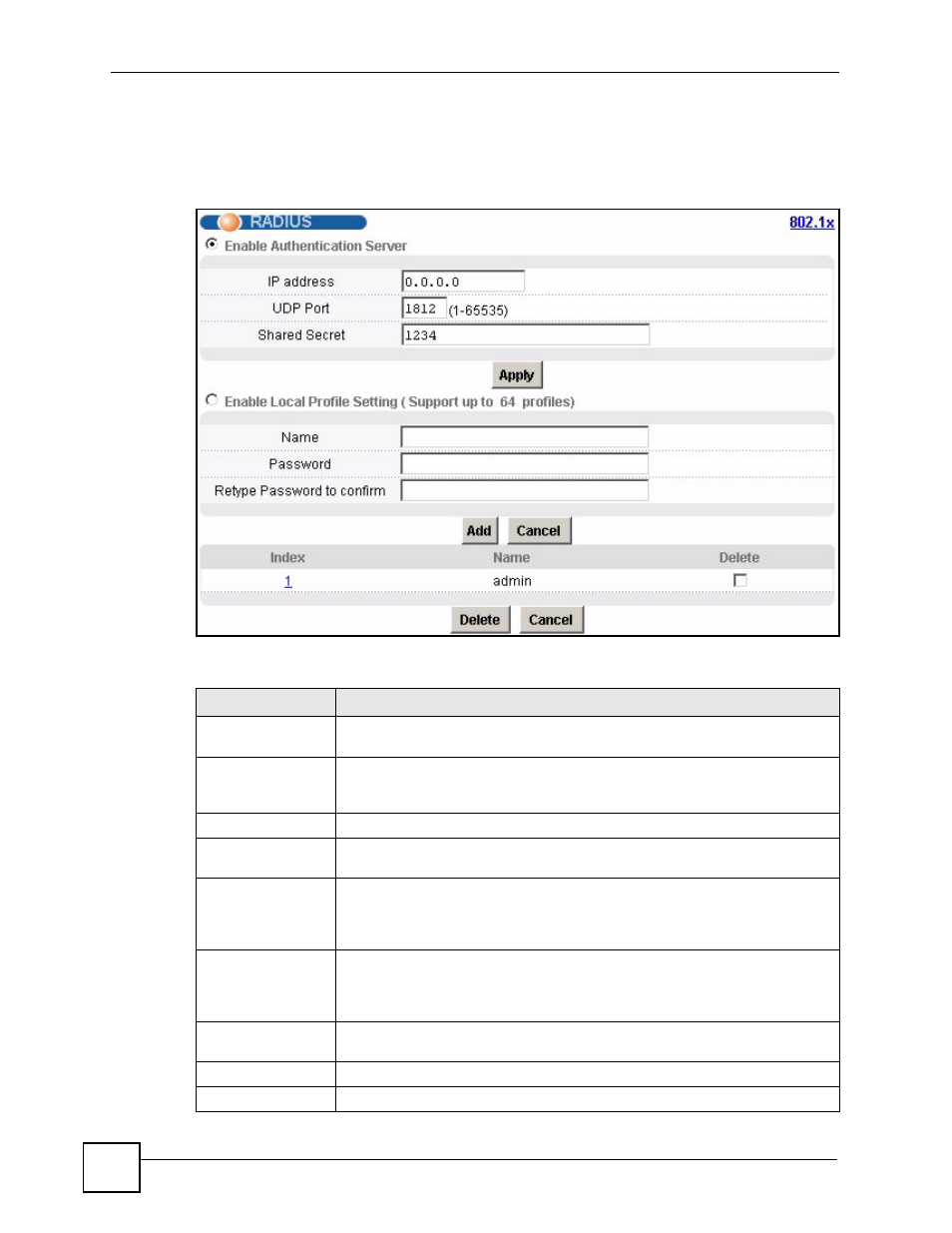 2 radius screen, Figure 86 radius, Table 52 radius | ZyXEL Communications IES-612-51A User Manual | Page 182 / 444
