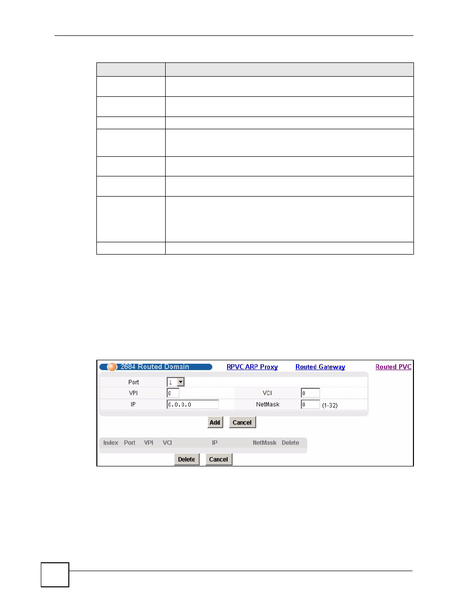 3 2684 routed domain screen, Figure 98 2684 routed domain, 2684 routed domain screen | To configure domains for 2684 routed | ZyXEL Communications IES-612-51A User Manual | Page 198 / 444