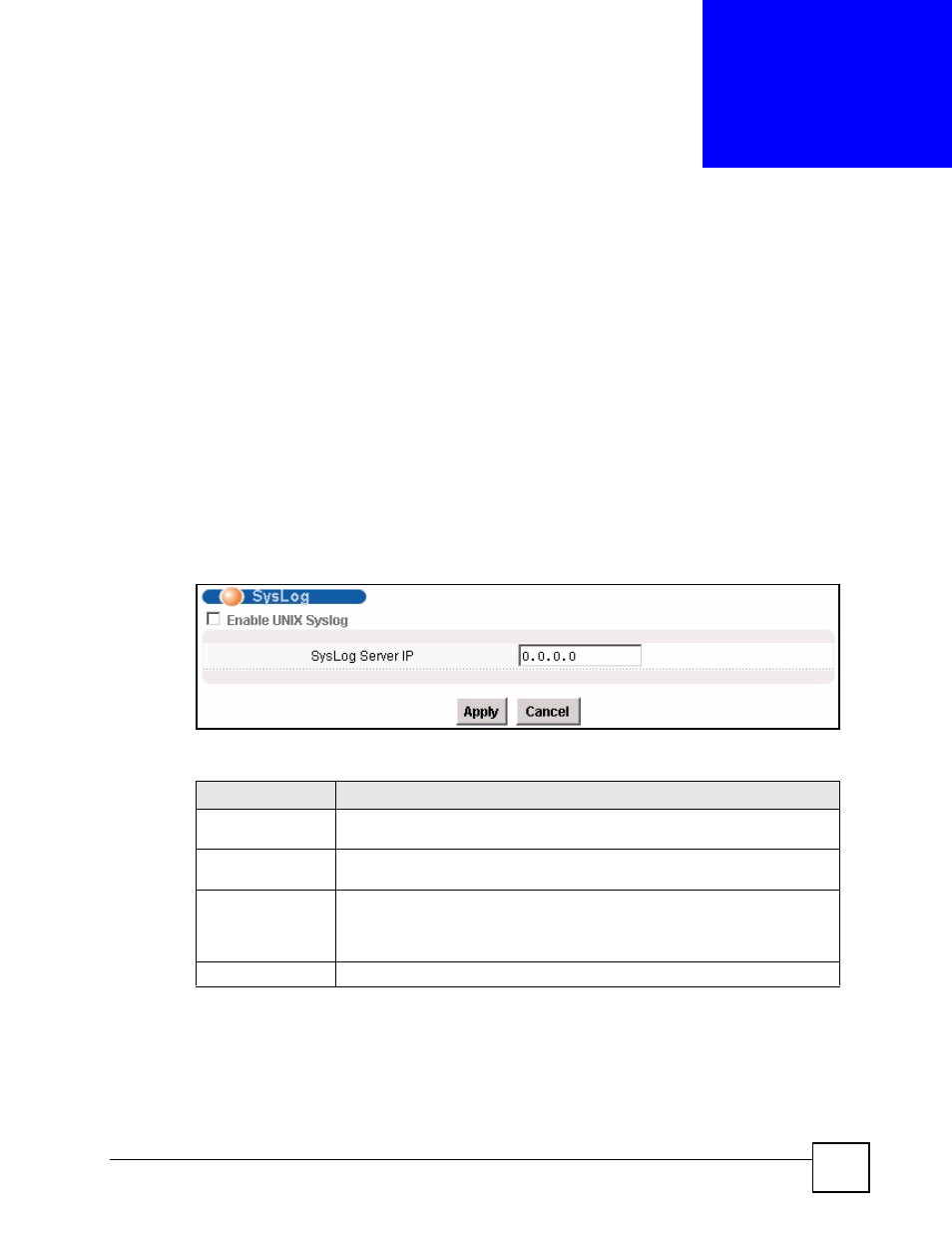 Syslog, 1 syslog, 2 syslog screen | Chapter 33 syslog, Figure 112 syslog, Table 72 syslog, Syslog (223) | ZyXEL Communications IES-612-51A User Manual | Page 223 / 444