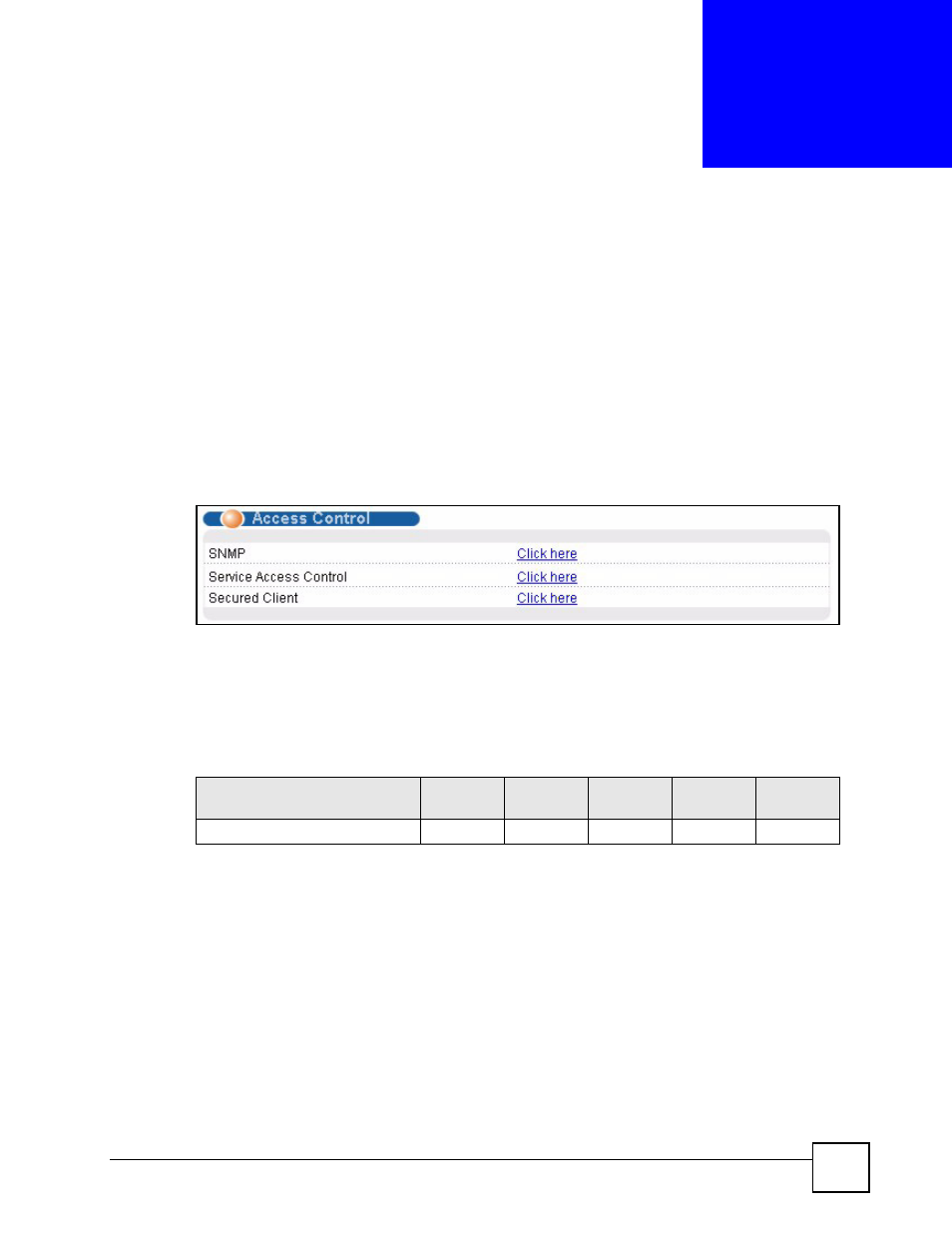 Access control, 1 access control screen, 2 access control overview | 3 snmp, Chapter 34 access control, Figure 113 access control, Table 73 access control summary, Access control (225) | ZyXEL Communications IES-612-51A User Manual | Page 225 / 444