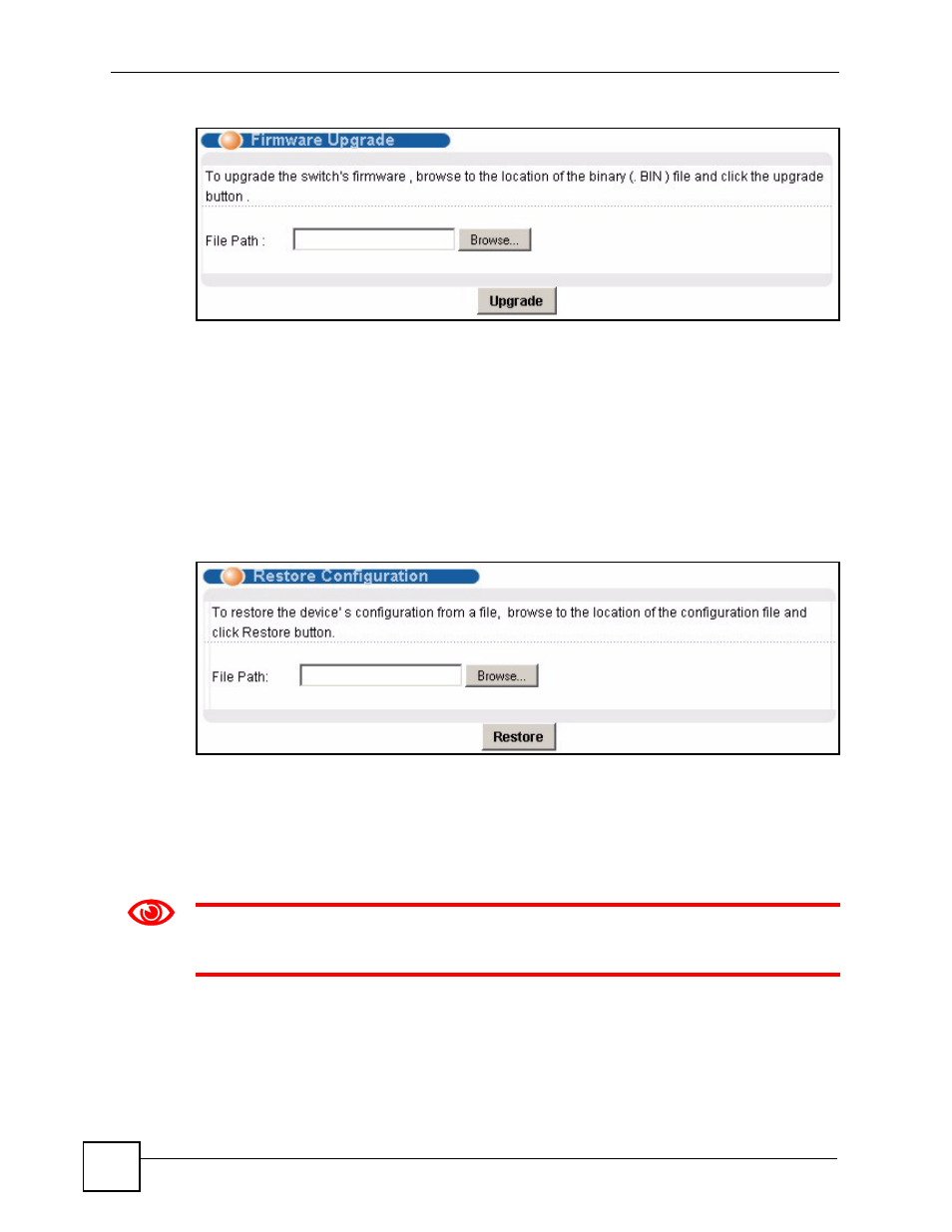 3 restore configuration screen, 4 backing up a configuration file, Figure 120 firmware upgrade | Figure 121 restore configuration | ZyXEL Communications IES-612-51A User Manual | Page 238 / 444
