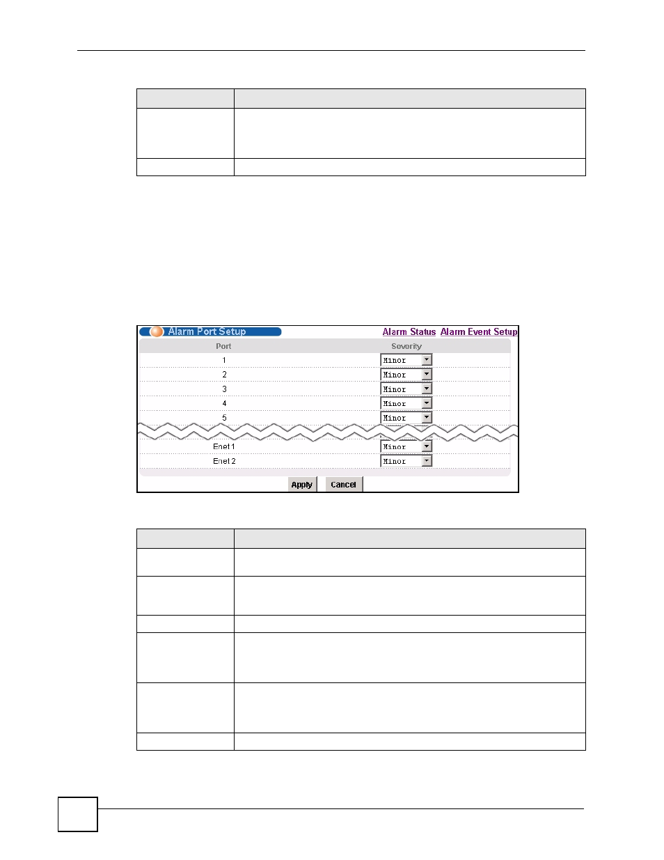 5 alarm port setup screen, Figure 132 alarm port setup, Table 87 alarm port setup | Section | ZyXEL Communications IES-612-51A User Manual | Page 254 / 444
