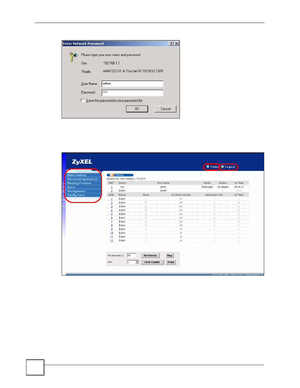Figure 15 login, Figure 16 home, Ab c | ZyXEL Communications IES-612-51A User Manual | Page 62 / 444