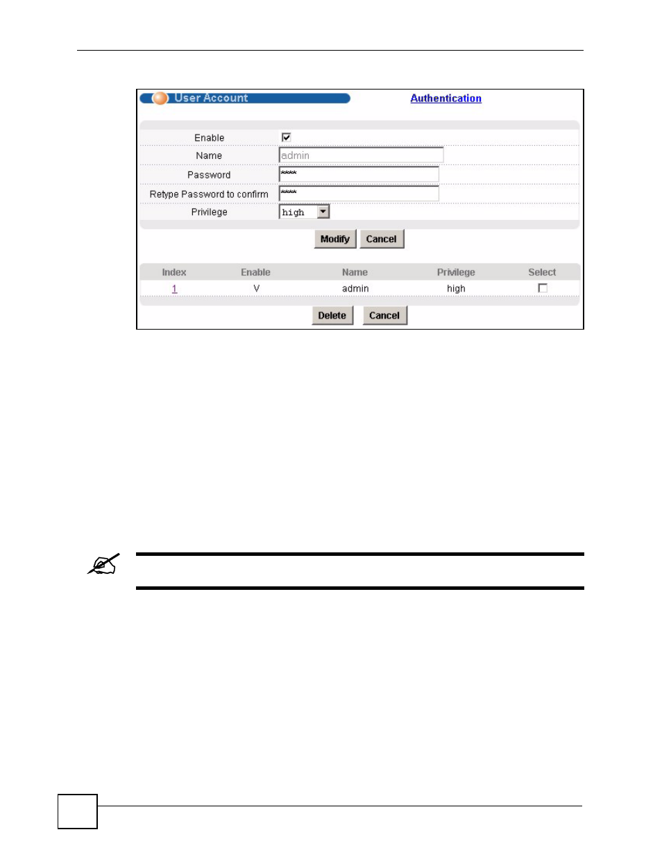 6 saving your configuration, 7 logging out of the web configurator, Figure 18 user account | ZyXEL Communications IES-612-51A User Manual | Page 66 / 444