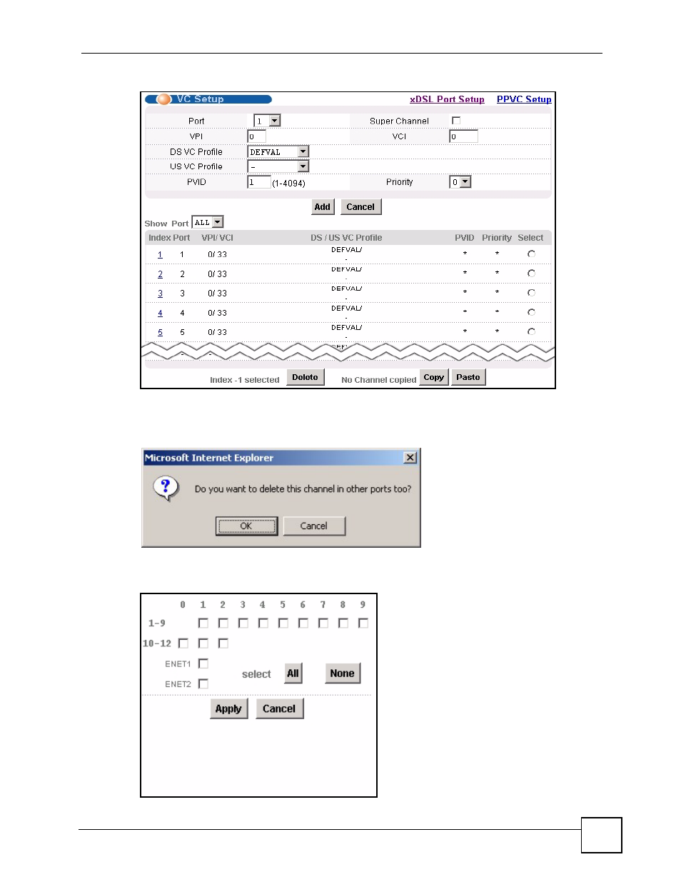 Figure 22 vc setup, Figure 23 vc setup, delete, Figure 24 select ports | ZyXEL Communications IES-612-51A User Manual | Page 71 / 444