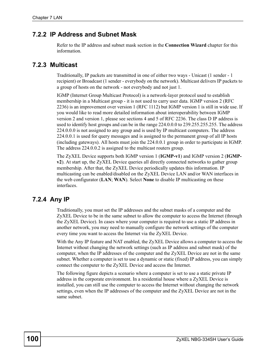 2 ip address and subnet mask, 3 multicast, 4 any ip | ZyXEL Communications NBG334SH User Manual | Page 100 / 290