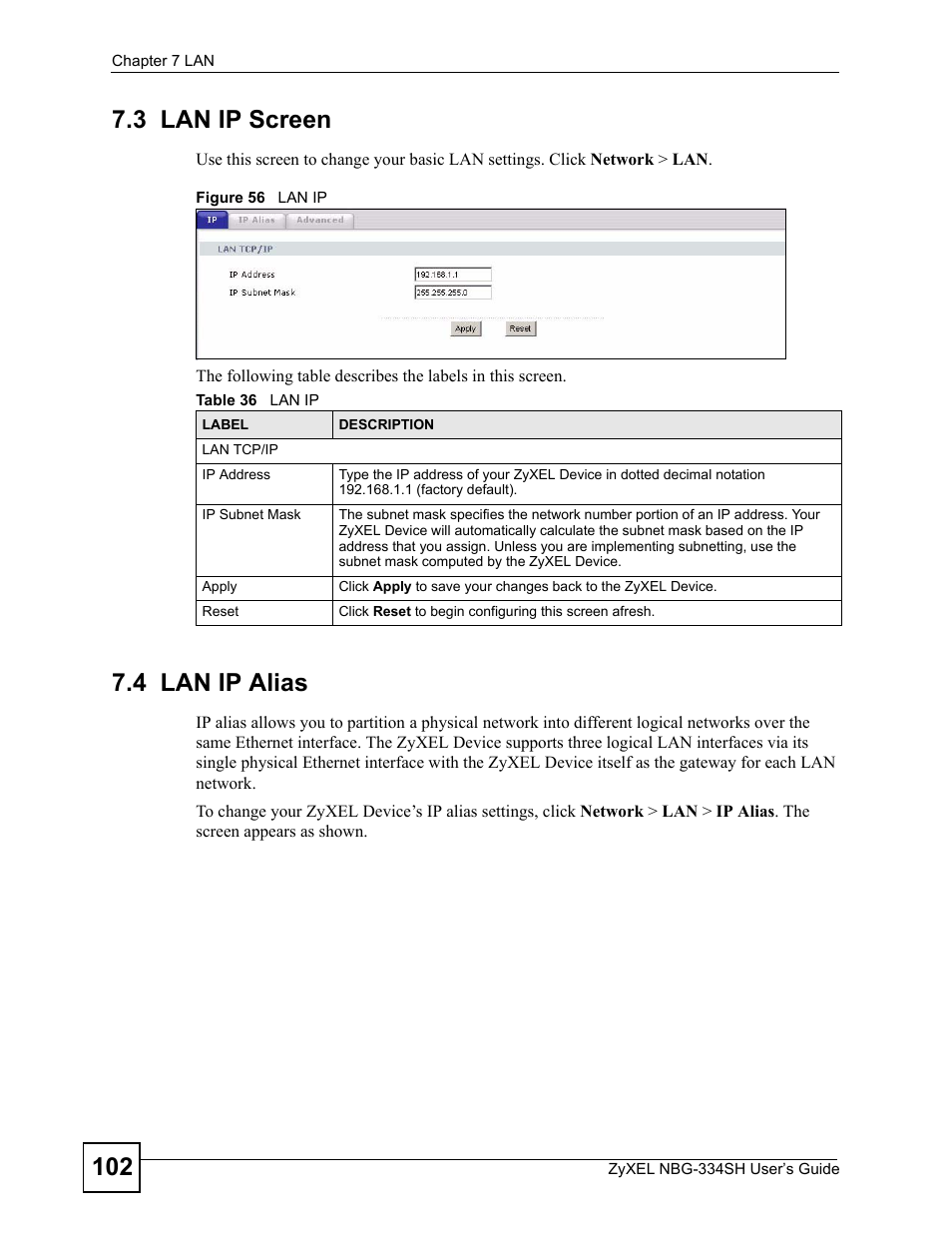 3 lan ip screen, 4 lan ip alias, 3 lan ip screen 7.4 lan ip alias | Figure 56 lan ip, Table 36 lan ip | ZyXEL Communications NBG334SH User Manual | Page 102 / 290