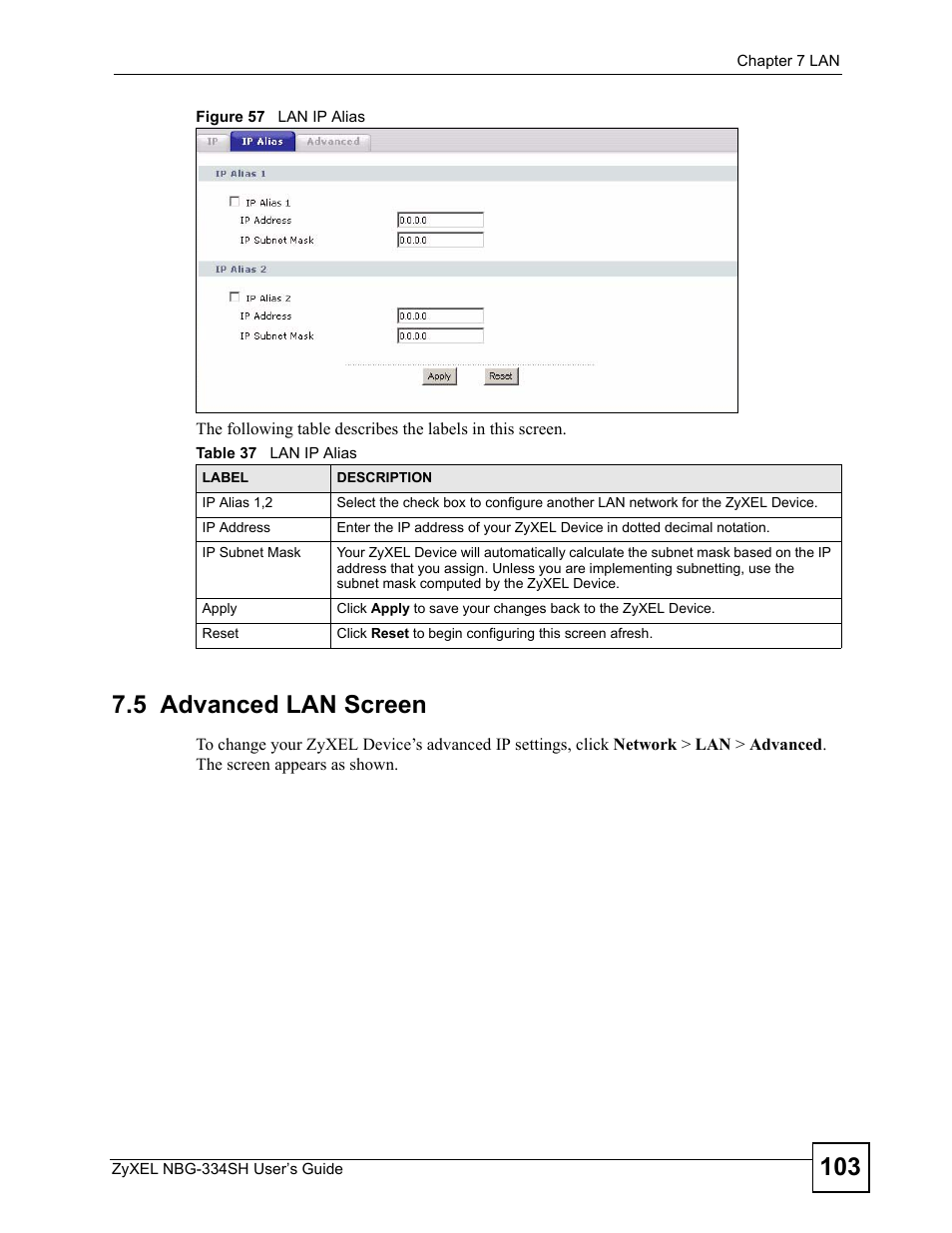 5 advanced lan screen, Figure 57 lan ip alias, Table 37 lan ip alias | ZyXEL Communications NBG334SH User Manual | Page 103 / 290