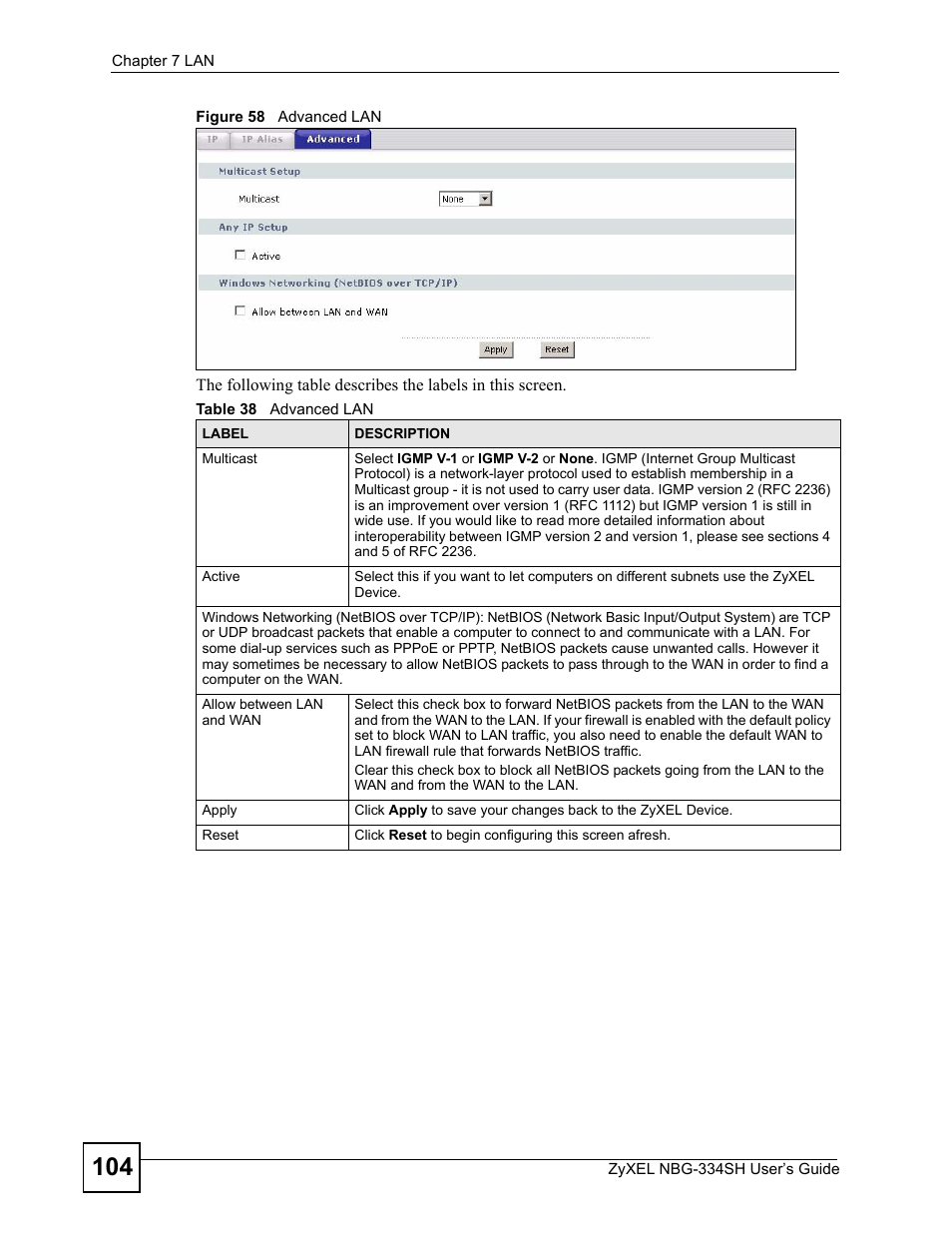 Figure 58 advanced lan, Table 38 advanced lan | ZyXEL Communications NBG334SH User Manual | Page 104 / 290