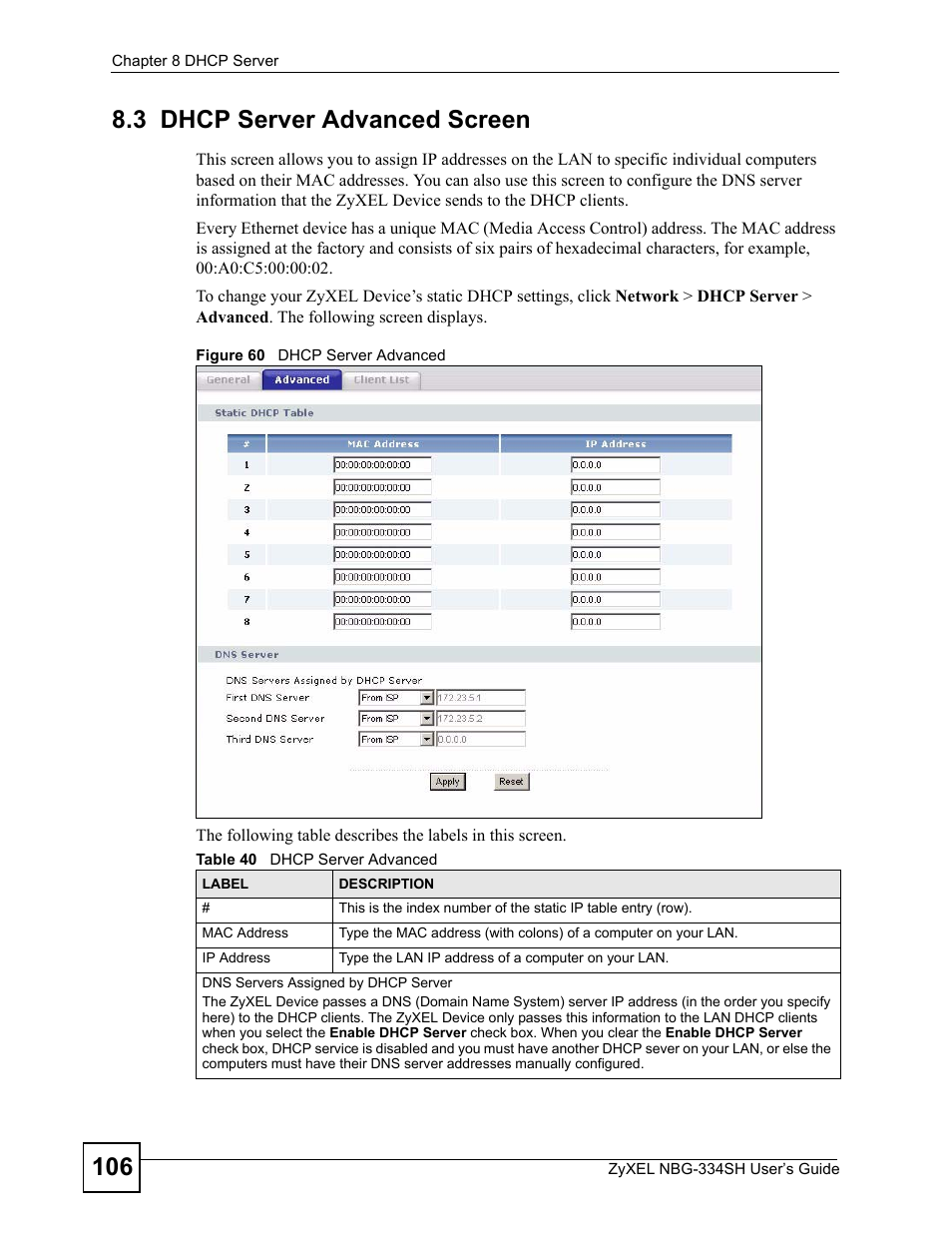 3 dhcp server advanced screen, Figure 60 dhcp server advanced, Table 40 dhcp server advanced | ZyXEL Communications NBG334SH User Manual | Page 106 / 290