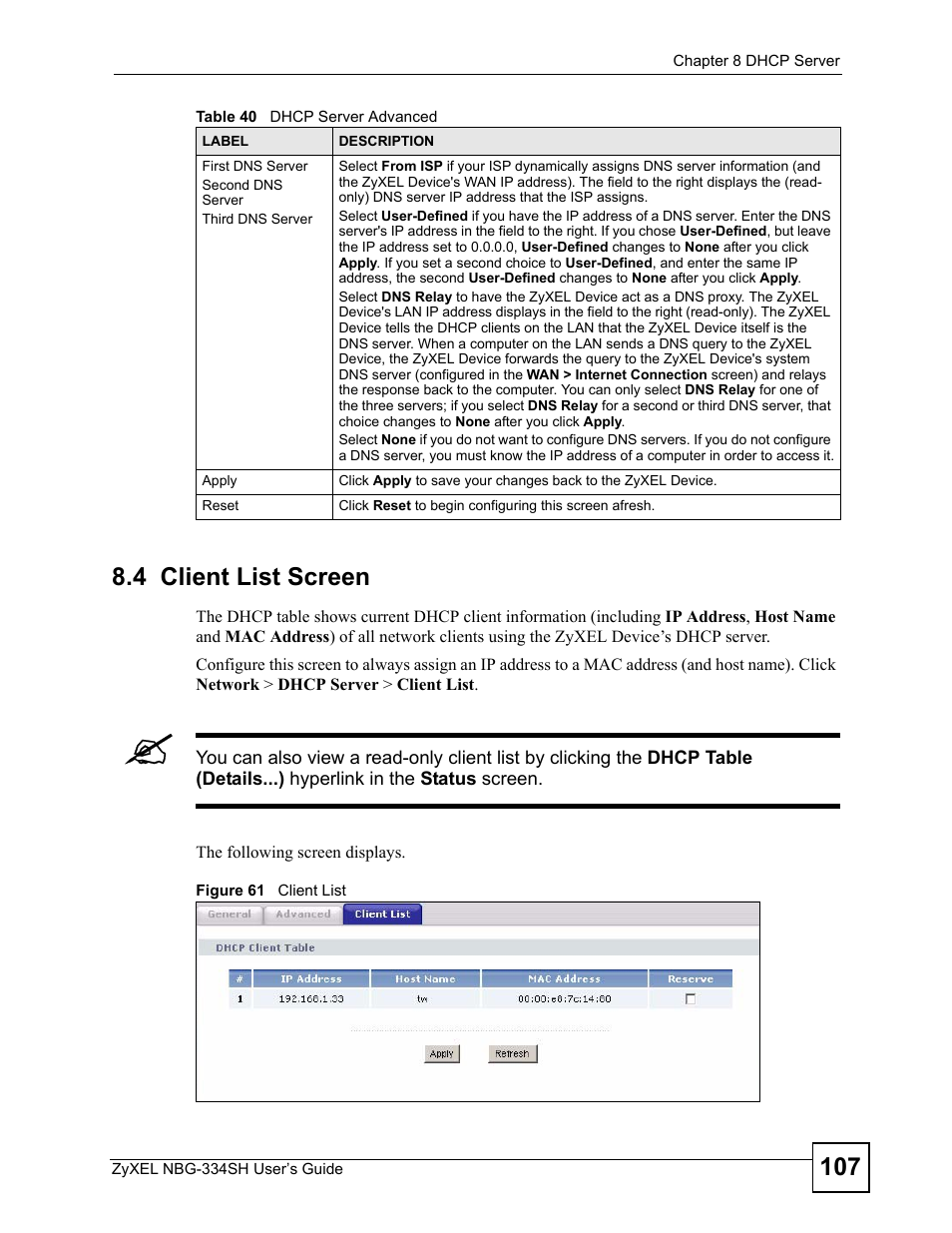 4 client list screen, Figure 61 client list | ZyXEL Communications NBG334SH User Manual | Page 107 / 290