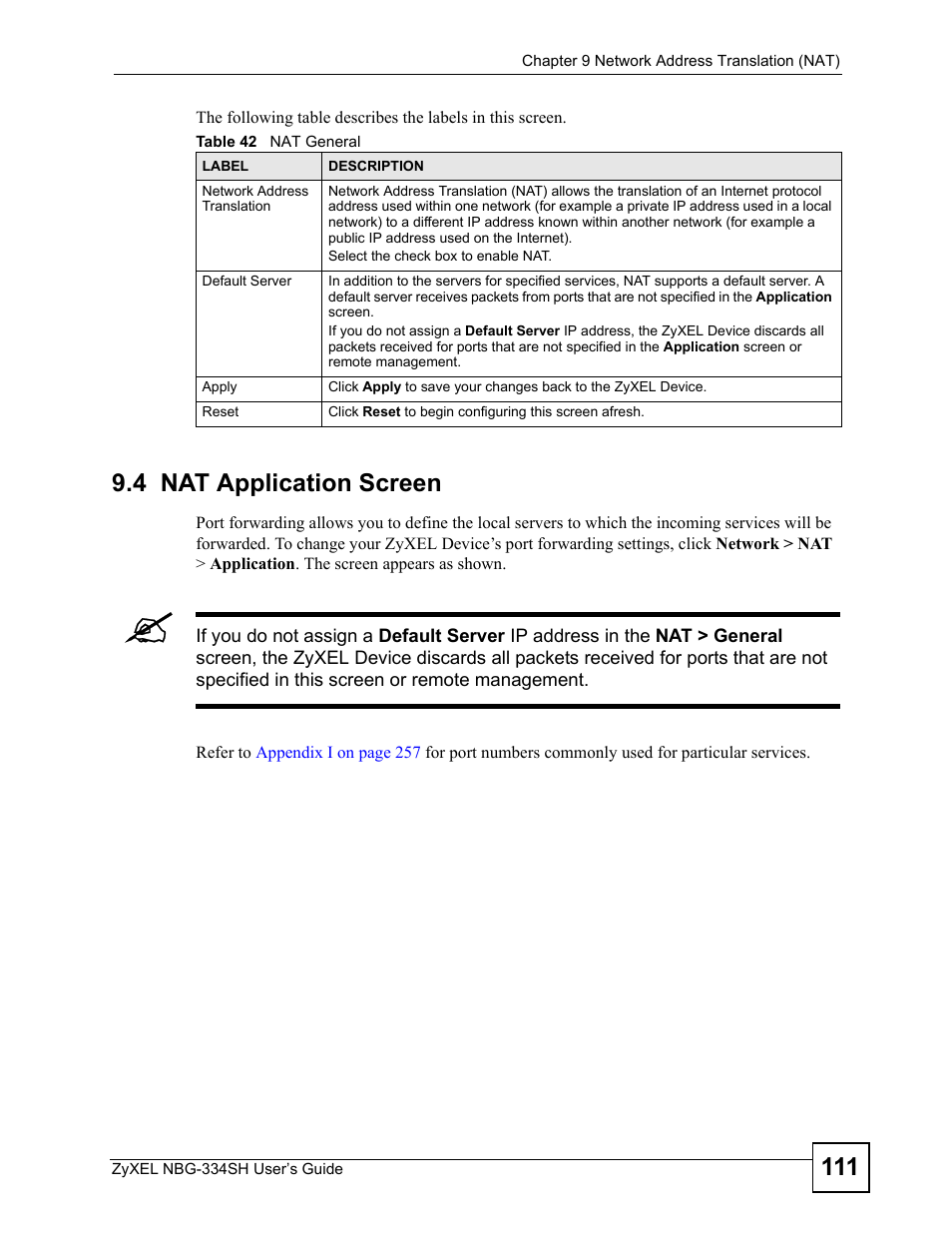 4 nat application screen, Table 42 nat general | ZyXEL Communications NBG334SH User Manual | Page 111 / 290