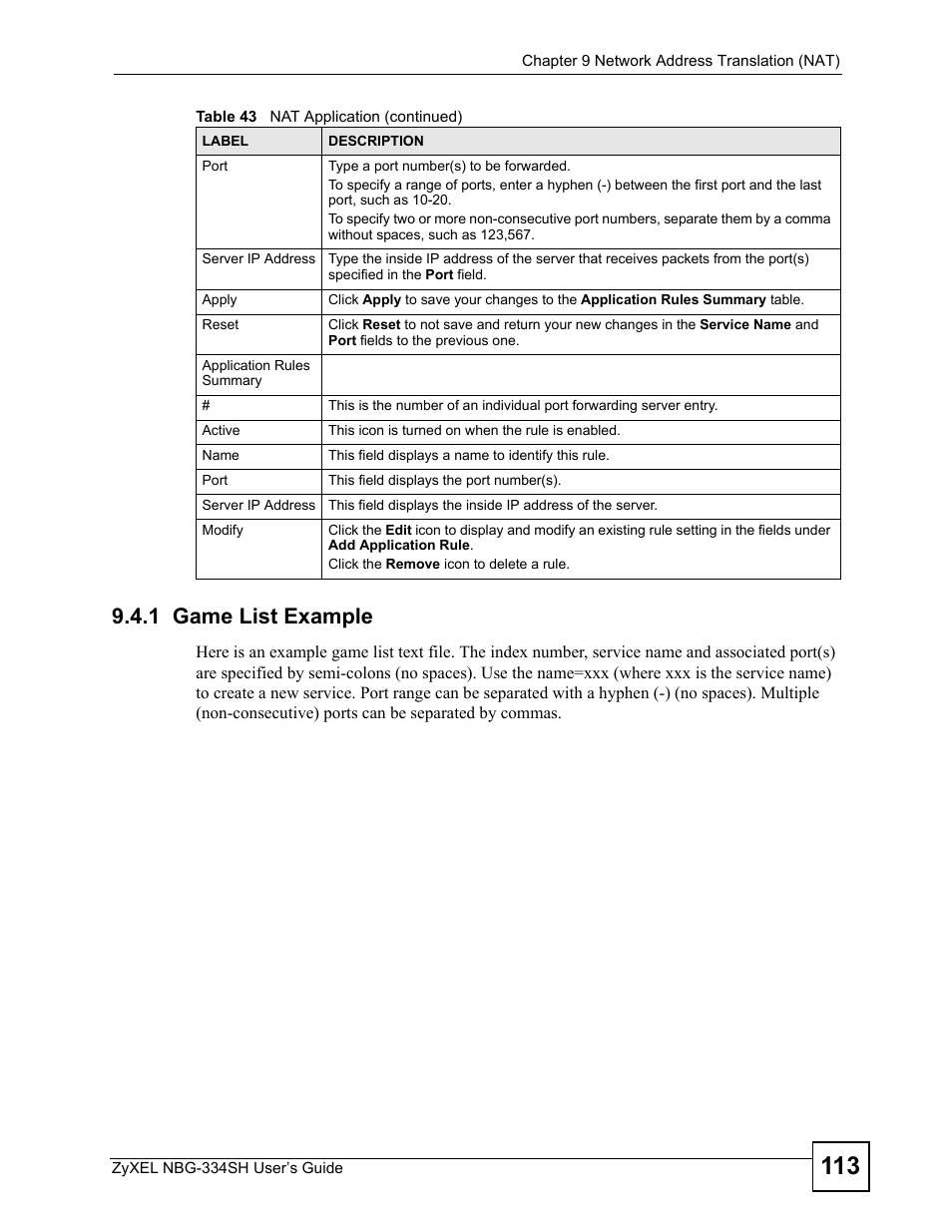 1 game list example | ZyXEL Communications NBG334SH User Manual | Page 113 / 290