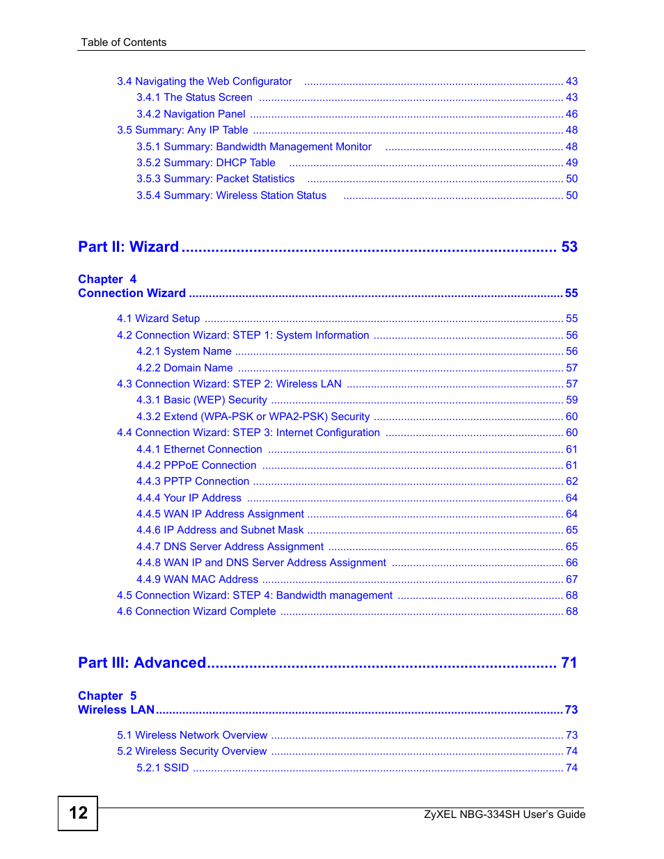 Part ii: wizard, Part iii: advanced | ZyXEL Communications NBG334SH User Manual | Page 12 / 290
