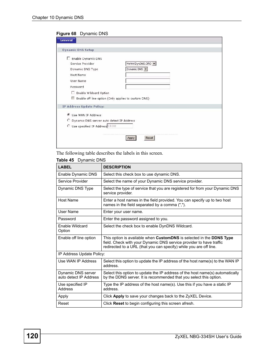 Figure 68 dynamic dns, Table 45 dynamic dns | ZyXEL Communications NBG334SH User Manual | Page 120 / 290