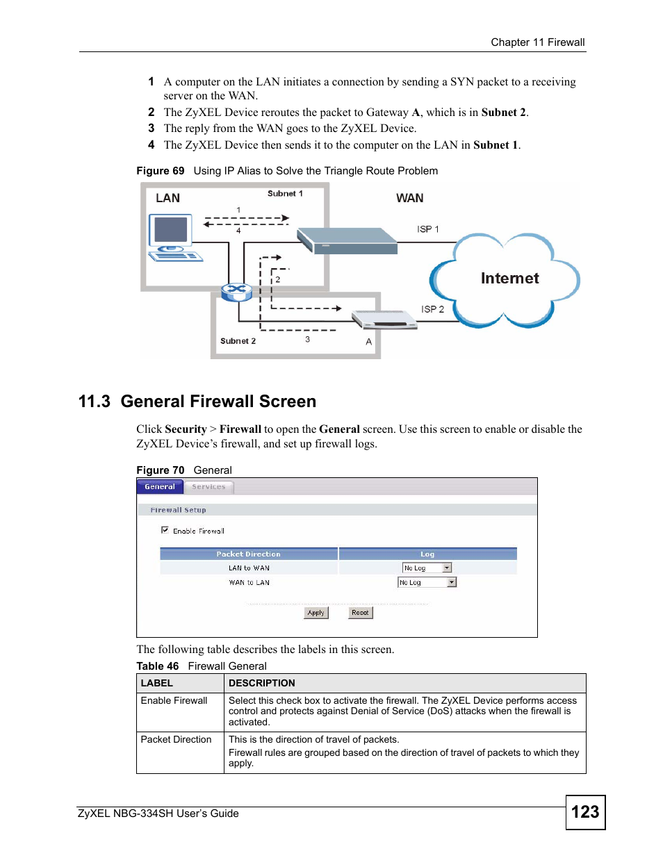 3 general firewall screen, Table 46 firewall general | ZyXEL Communications NBG334SH User Manual | Page 123 / 290