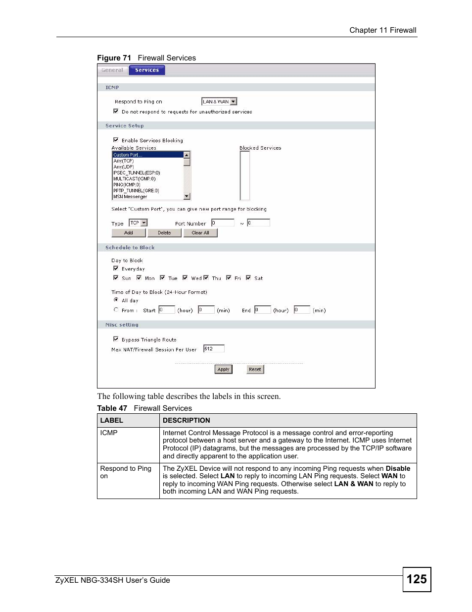 Figure 71 firewall services, Table 47 firewall services | ZyXEL Communications NBG334SH User Manual | Page 125 / 290