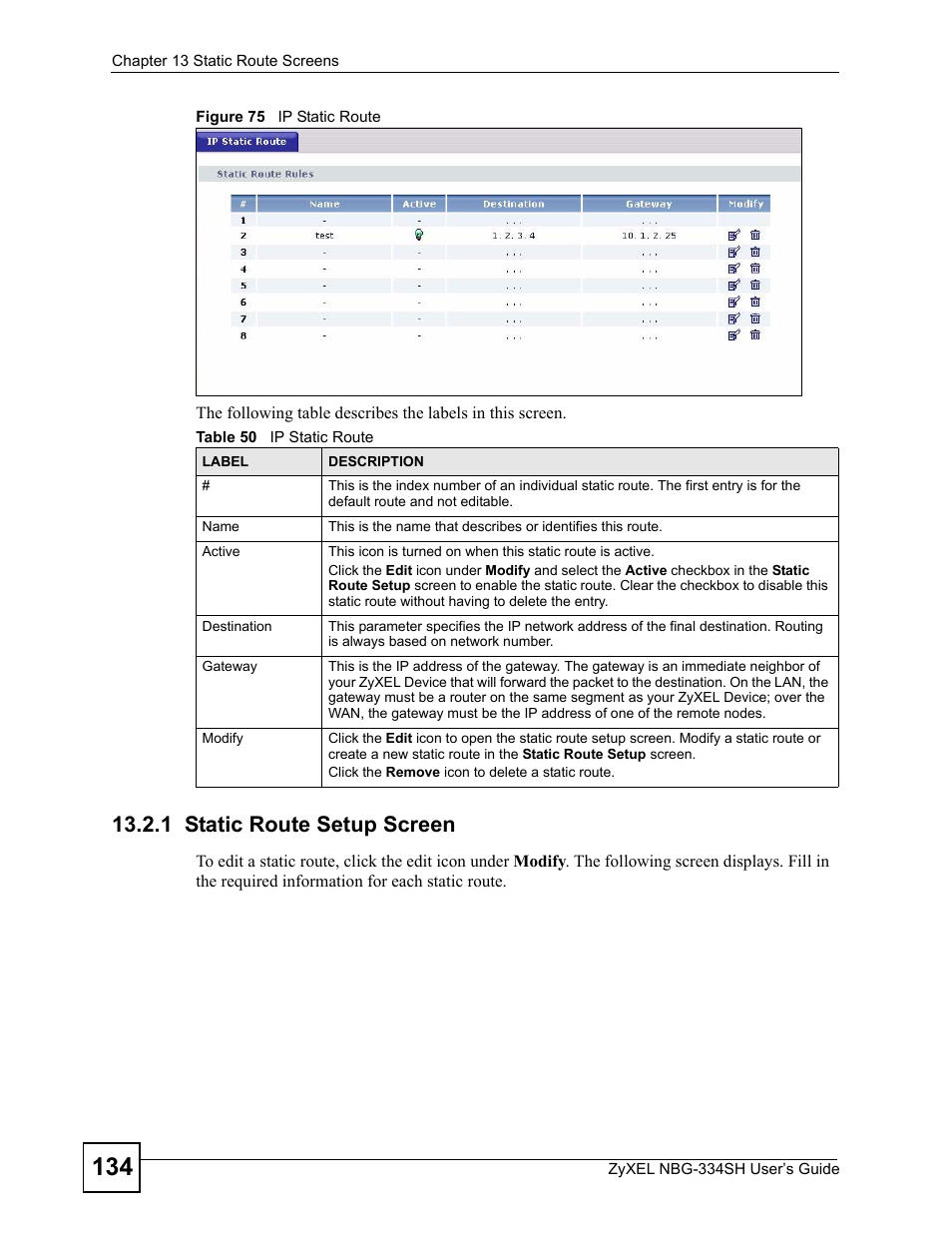 1 static route setup screen, Figure 75 ip static route, Table 50 ip static route | ZyXEL Communications NBG334SH User Manual | Page 134 / 290