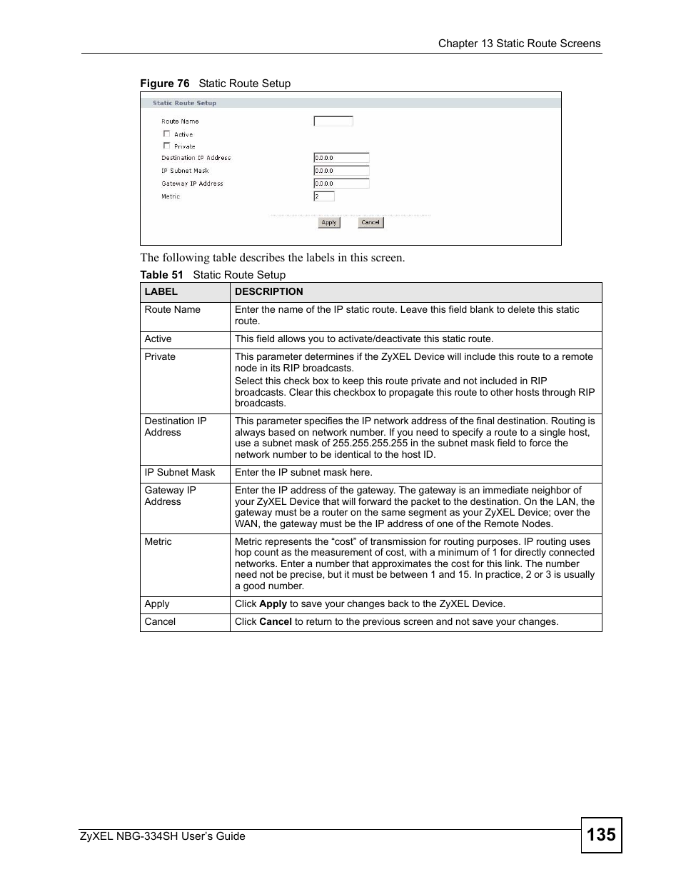 Figure 76 static route setup, Table 51 static route setup | ZyXEL Communications NBG334SH User Manual | Page 135 / 290