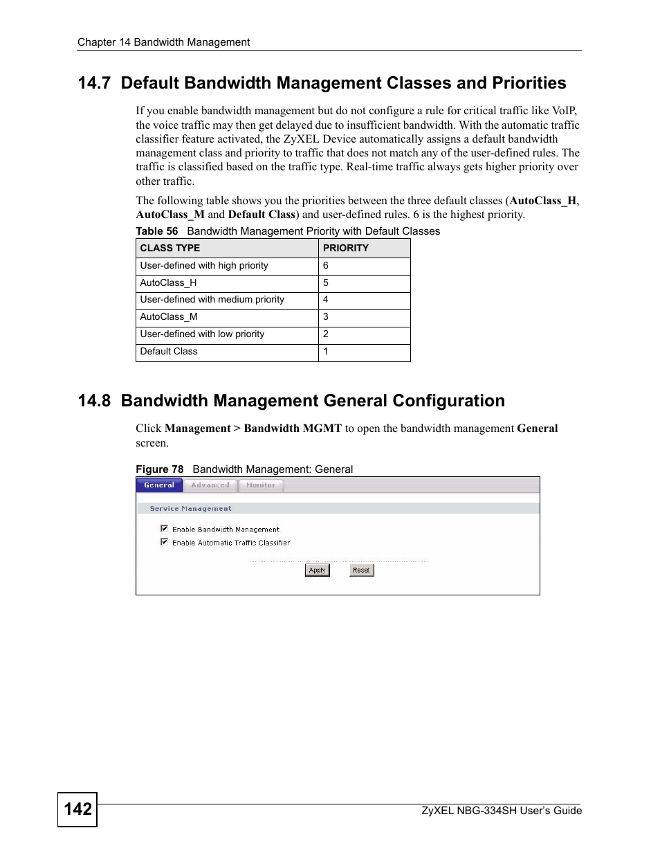 8 bandwidth management general configuration, Figure 78 bandwidth management: general | ZyXEL Communications NBG334SH User Manual | Page 142 / 290