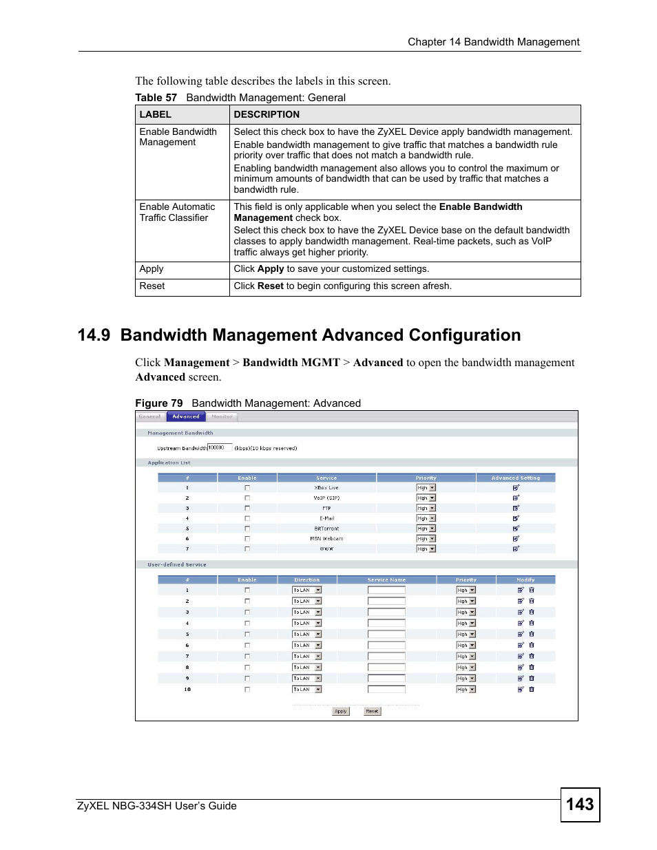 9 bandwidth management advanced configuration, Figure 79 bandwidth management: advanced, Table 57 bandwidth management: general | ZyXEL Communications NBG334SH User Manual | Page 143 / 290